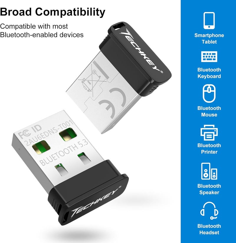 TECHKEY USB Bluetooth Adapter for Desktop PC, Plug&Play 5.3 Mini EDR Bluetooth Dongle Receiver & Transmitter for Laptop Computer Compatible with BT Headphones Keyboard Mouse Windows 11/10/8.1 - Image 5
